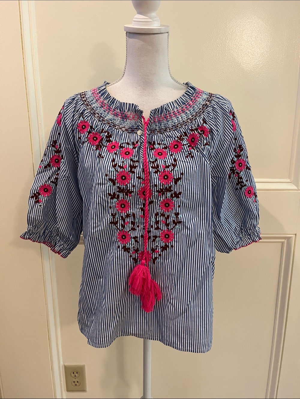 J. Crew Blue and White Striped Peasant Top with Hot Pink Floral Embroidery